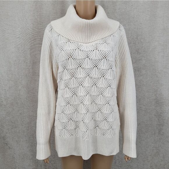 Liz Claiborne Sweaters - Liz Claiborne Winter White Metallic Knit Pointelle Wool Blend Cowl Neck Sweater